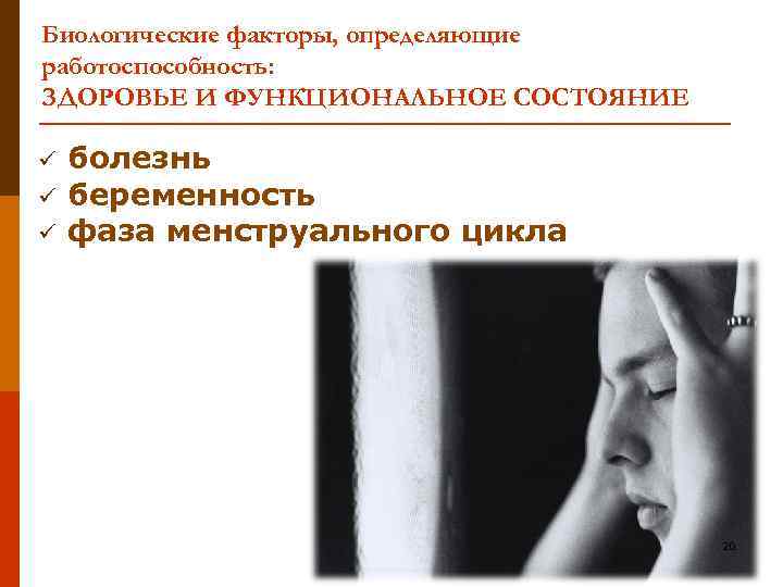 Биологические факторы, определяющие работоспособность: ЗДОРОВЬЕ И ФУНКЦИОНАЛЬНОЕ СОСТОЯНИЕ ü ü ü болезнь беременность фаза
