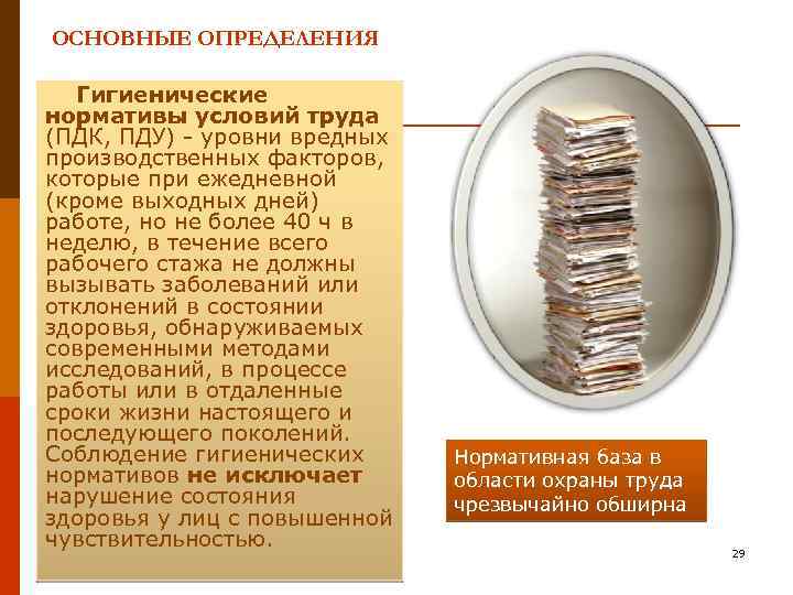 ОСНОВНЫЕ ОПРЕДЕЛЕНИЯ Гигиенические нормативы условий труда (ПДК, ПДУ) - уровни вредных производственных факторов, которые