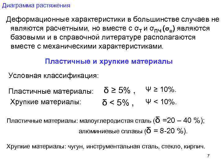 Диаграмма растяжения Деформационные характеристики в большинстве случаев не являются расчетными, но вместе с σТ