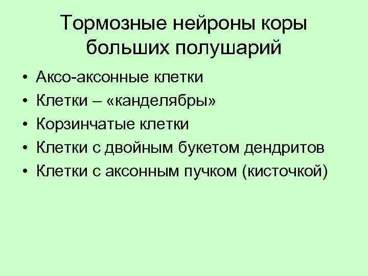 Тормозные нейроны коры больших полушарий • • • Аксо-аксонные клетки Клетки – «канделябры» Корзинчатые