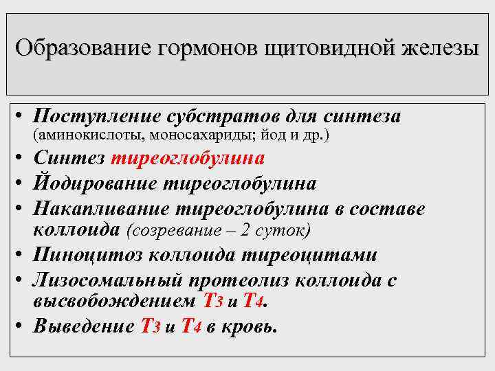 Образование гормонов щитовидной железы • Поступление субстратов для синтеза (аминокислоты, моносахариды; йод и др.