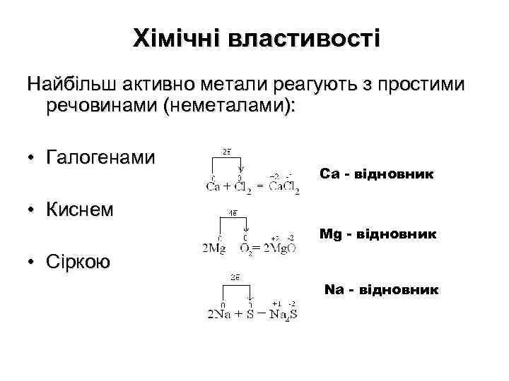 Хімічні властивості Найбільш активно метали реагують з простими речовинами (неметалами): • Галогенами Ca -
