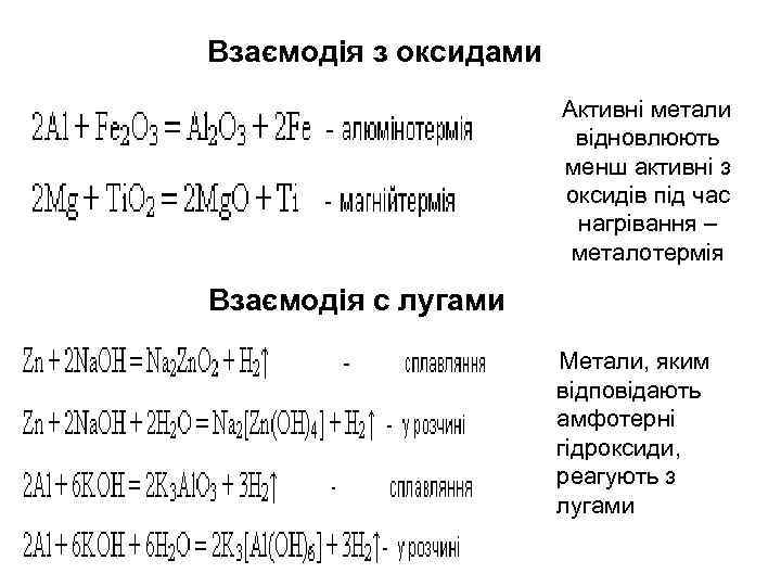 Взаємодія з оксидами Активні метали відновлюють менш активні з оксидів під час нагрівання –