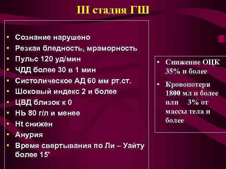    III cтадия ГШ  •  Сознание нарушено •  Резкая