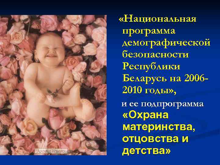  «Национальная программа демографической безопасности Республики Беларусь на 2006 - 2010 годы» , и