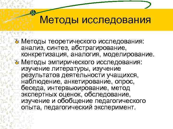  Методы исследования Методы теоретического исследования: анализ, синтез, абстрагирование, конкретизация, аналогия, моделирование. Методы эмпирического
