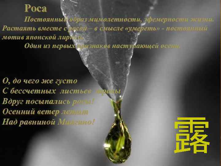 Роса Постоянный образ мимолетности, эфемерности жизни. Растаять вместе с росой – в смысле «умереть»