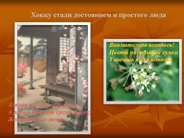 Хокку стали достоянием и простого люда Внимательно вглядись! Цветы пастушьей сумки Увидишь под плетнем.