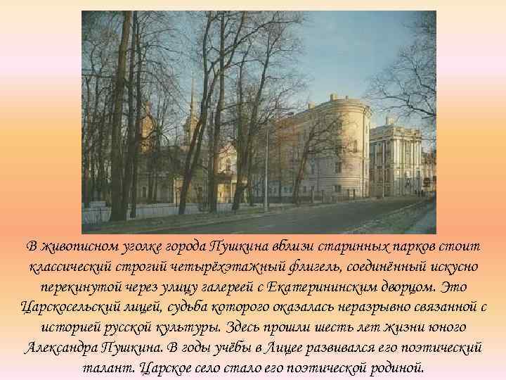  В живописном уголке города Пушкина вблизи старинных парков стоит классический строгий четырёхэтажный флигель,