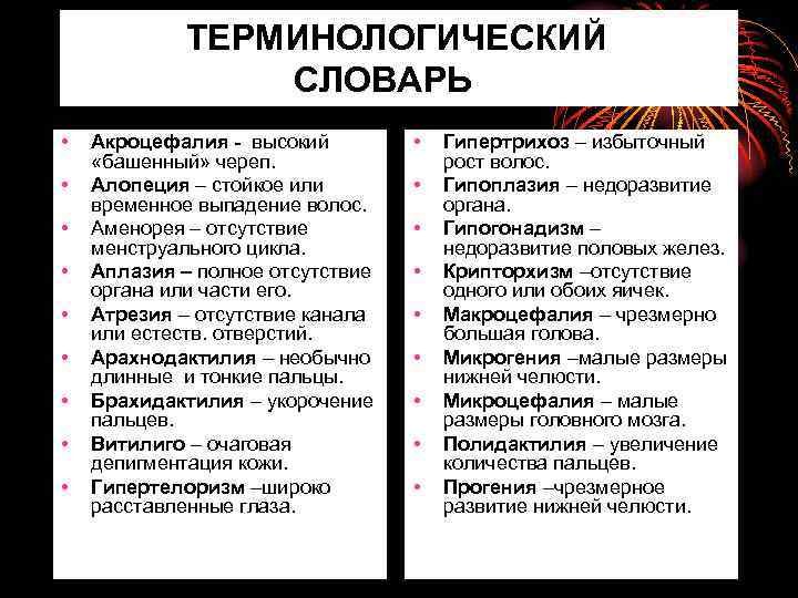 ТЕРМИНОЛОГИЧЕСКИЙ СЛОВАРЬ • • • Акроцефалия - высокий «башенный» череп. Алопеция – стойкое или