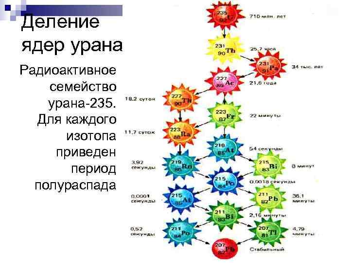 Деление ядер урана. Радиоактивное семейство урана-235. Для каждого  изотопа  приведен  