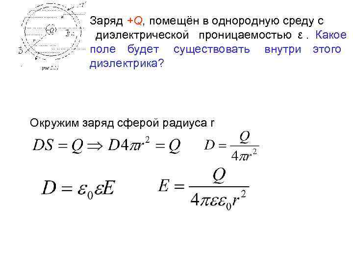    Заряд +Q, помещён в однородную среду с    диэлектрической
