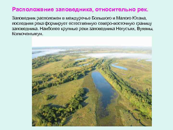 Расположение заповедника, относительно рек. Заповедник расположен в междуречье Большого и Малого Югана, последняя река
