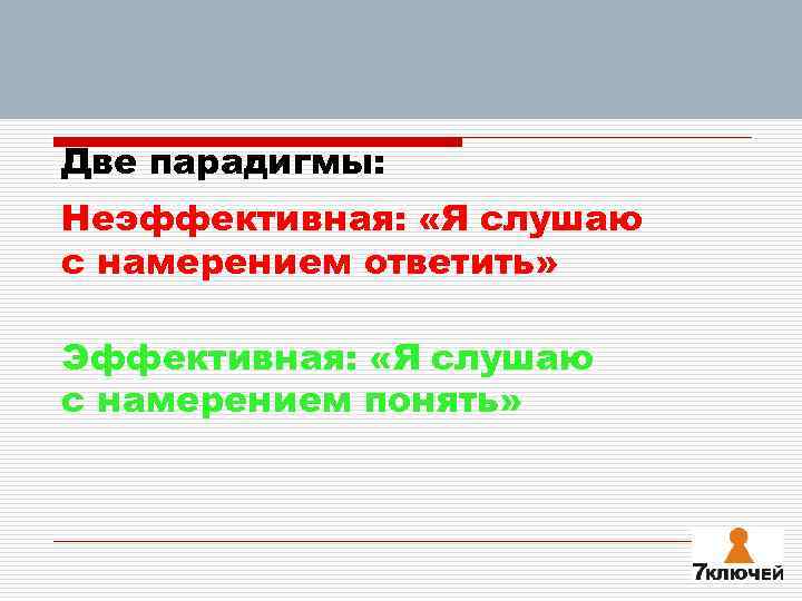 Две парадигмы: Неэффективная:  «Я слушаю с намерением ответить»  Эффективная:  «Я слушаю