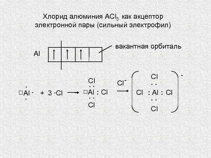  Хлорид алюминия ACl 3 как акцептор  электронной пары (сильный электрофил)  