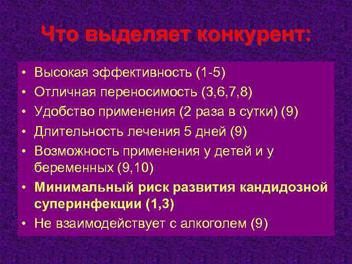 Что выделяет конкурент: • • • Высокая эффективность (1 -5) Отличная переносимость (3, 6,