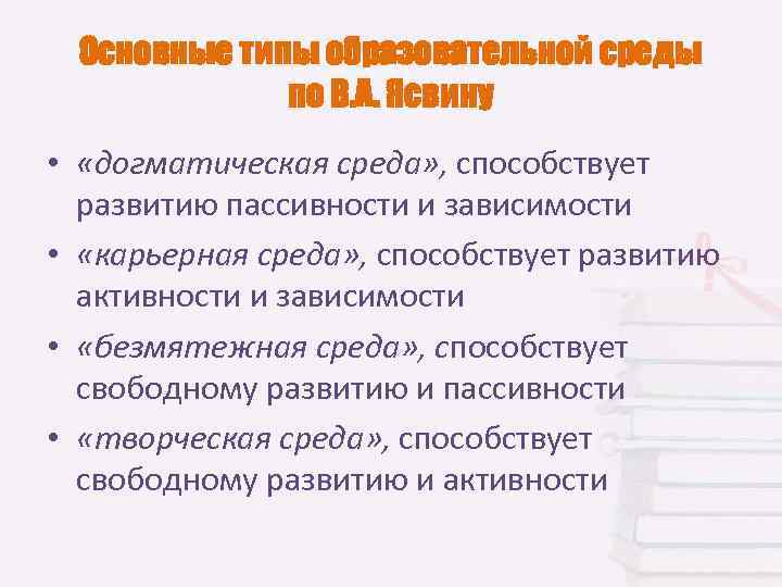  Основные типы образовательной среды    по В. А. Ясвину • 