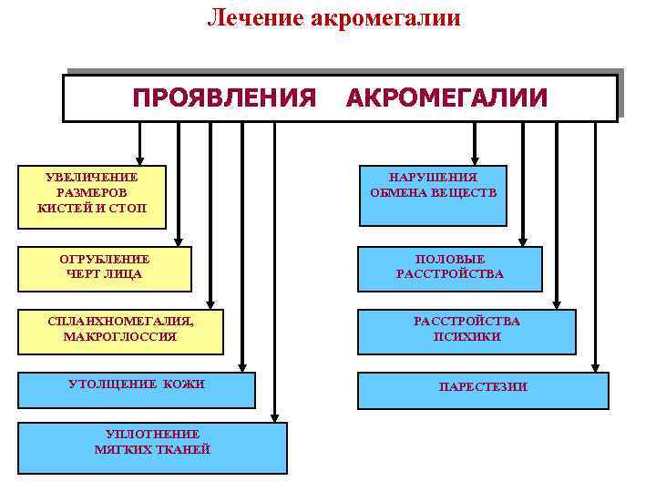 Лечение акромегалии ПРОЯВЛЕНИЯ УВЕЛИЧЕНИЕ РАЗМЕРОВ КИСТЕЙ И СТОП ОГРУБЛЕНИЕ ЧЕРТ ЛИЦА СПЛАНХНОМЕГАЛИЯ, МАКРОГЛОССИЯ УТОЛЩЕНИЕ