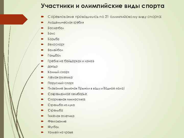 Участники и олимпийские виды спорта Соревнования проводились по 21 олимпийскому виду спорта: Академическая Участники и олимпийские виды спорта Соревнования проводились по 21 олимпийскому виду спорта: Академическая