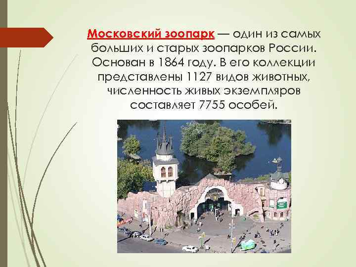 Московский зоопарк — один из самых больших и старых зоопарков России. Основан в 1864 Московский зоопарк — один из самых больших и старых зоопарков России. Основан в 1864