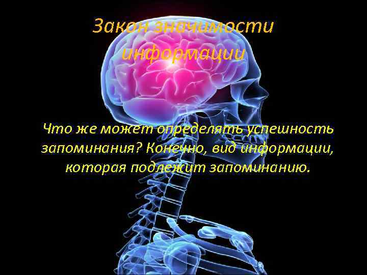 Закон значимости информации Что же может определять успешность запоминания? Конечно, вид информации, которая подлежит