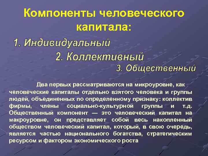 Компоненты человеческого капитала: Два первых рассматриваются на микроуровне, как человеческие капиталы отдельно взятого человека