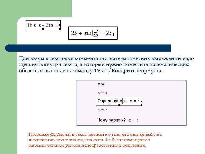 Для ввода в текстовые комментарии математических выражений надо щелкнуть внутри текста, в который нужно