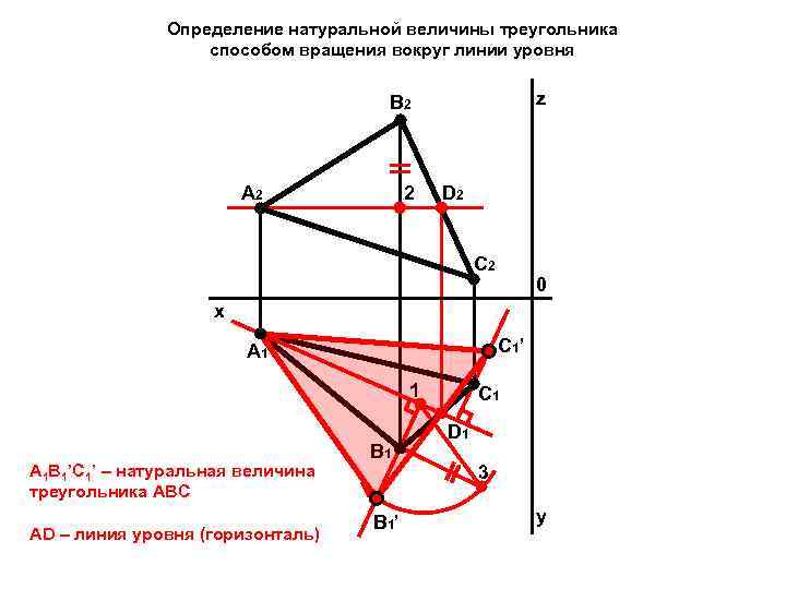 На чертеже способом вращения вокруг линии уровня определена