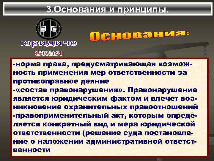   3. Основания и принципы. -норма права, предусматривающая возмож- ность применения мер ответственности