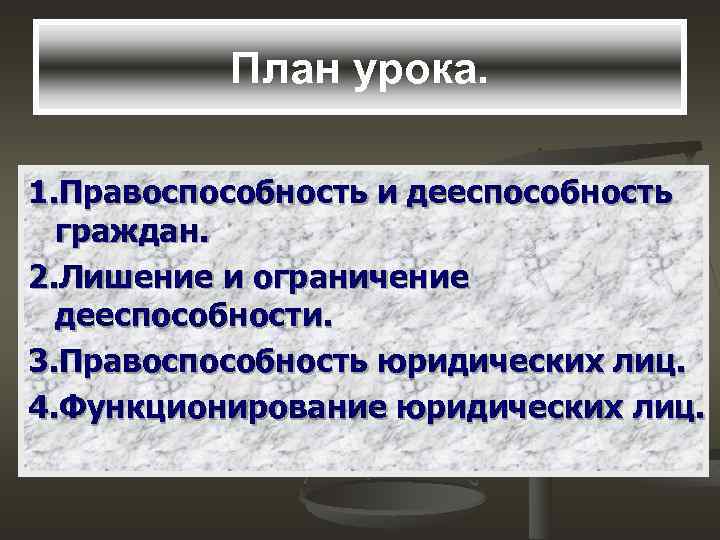 План урока. 1. Правоспособность и дееспособность граждан. 2. Лишение и ограничение дееспособности. 3. Правоспособность