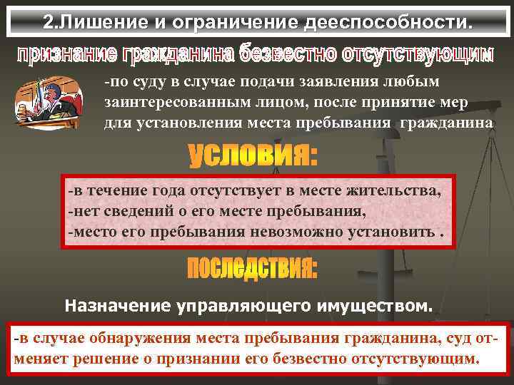 2. Лишение и ограничение дееспособности. -по суду в случае подачи заявления любым заинтересованным лицом,