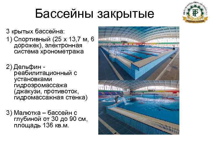    Бассейны закрытые 3 крытых бассейна: 1) Спортивный (25 x 13, 7