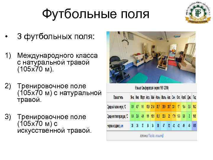    Футбольные поля •  3 футбольных поля:  1) Международного класса