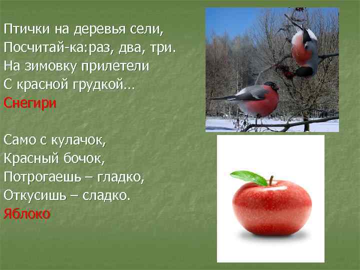 Птички на деревья сели, Посчитай-ка: раз, два, три. На зимовку прилетели С красной грудкой…