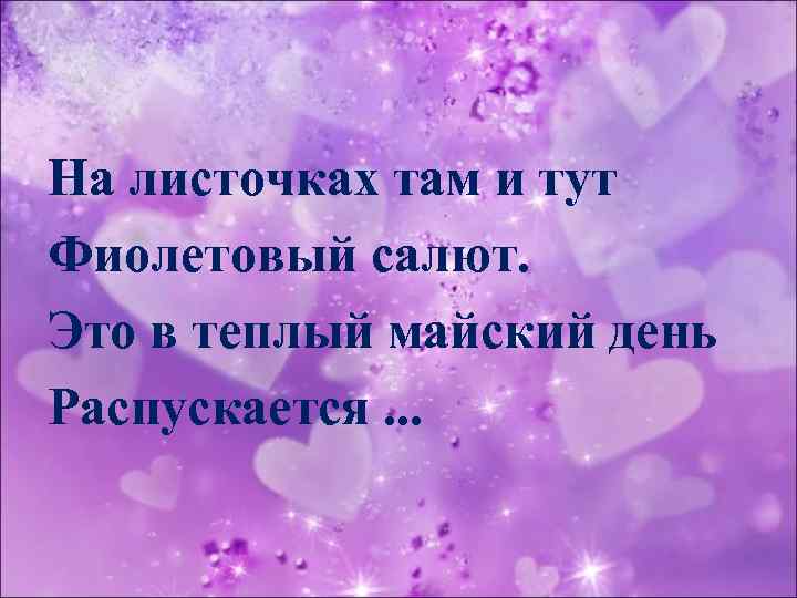 На листочках там и тут Фиолетовый салют. Это в теплый майский день Распускается. .