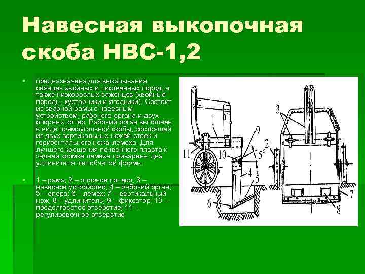 Навесная выкопочная скоба НВС-1, 2 § предназначена для выкапывания сеянцев хвойных и лиственных пород,