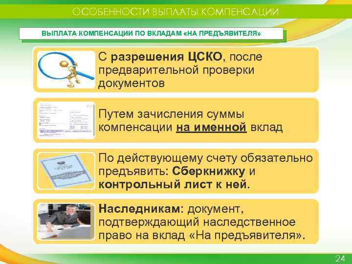 ОСОБЕННОСТИ ВЫПЛАТЫ КОМПЕНСАЦИИ ВЫПЛАТА КОМПЕНСАЦИИ ПО ВКЛАДАМ «НА ПРЕДЪЯВИТЕЛЯ» С разрешения ЦСКО, после предварительной
