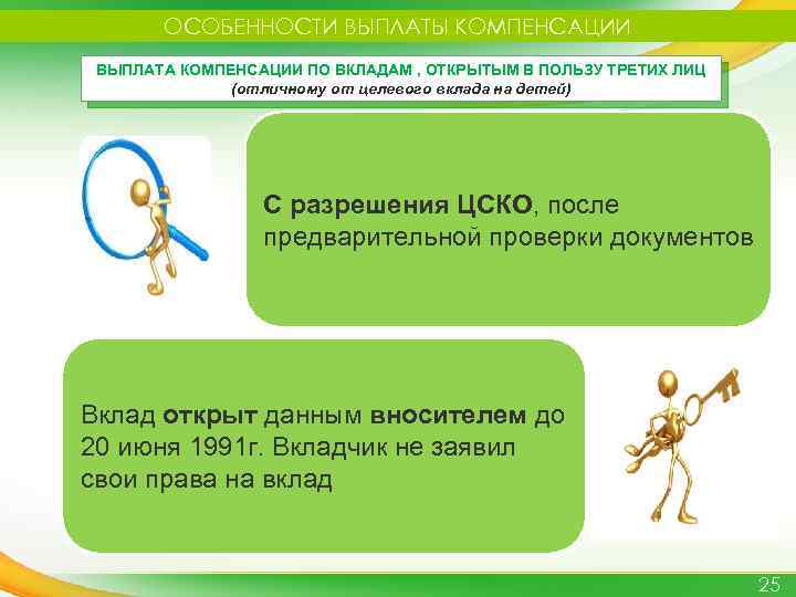 ОСОБЕННОСТИ ВЫПЛАТЫ КОМПЕНСАЦИИ ВЫПЛАТА КОМПЕНСАЦИИ ПО ВКЛАДАМ , ОТКРЫТЫМ В ПОЛЬЗУ ТРЕТИХ ЛИЦ (отличному