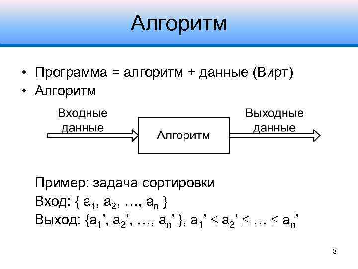 Алгоритм • Программа = алгоритм + данные (Вирт) • Алгоритм Пример: задача сортировки Вход: