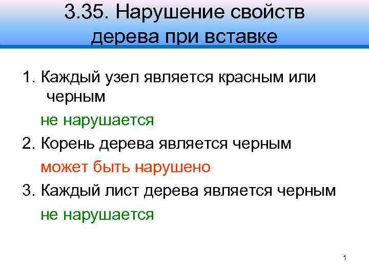 3. 35. Нарушение свойств дерева при вставке 1. Каждый узел является красным или черным