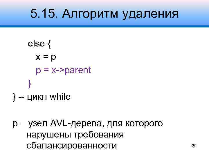 5. 15. Алгоритм удаления else { x=p p = x->parent } } -- цикл