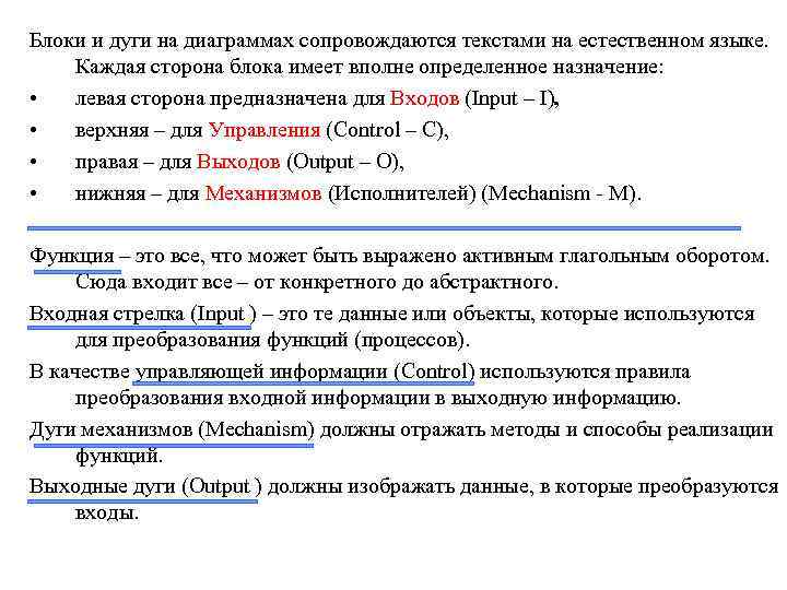 Блоки и дуги на диаграммах сопровождаются текстами на естественном языке. Каждая сторона блока имеет