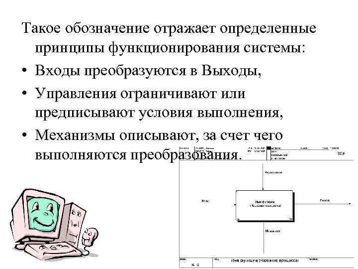 Такое обозначение отражает определенные принципы функционирования системы: • Входы преобразуются в Выходы, • Управления