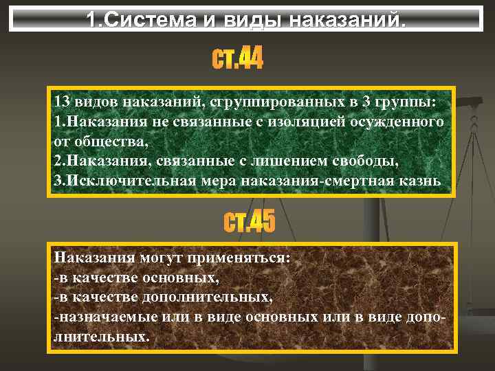 1. Система и виды наказаний. 13 видов наказаний, сгруппированных в 3 группы: 1. Наказания