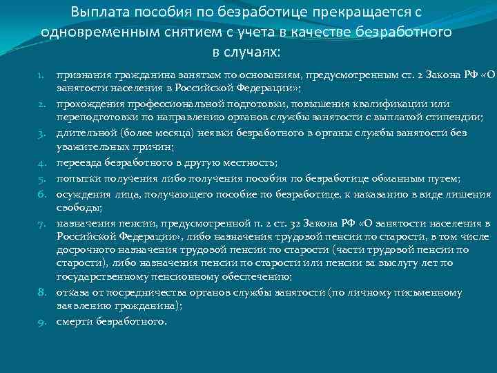 Выплата пособия по безработице прекращается с одновременным снятием с учета в качестве безработного в