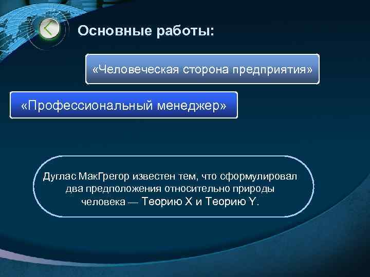 Основные работы: «Человеческая сторона предприятия» «Профессиональный менеджер» Дуглас Мак. Грегор известен тем, что сформулировал