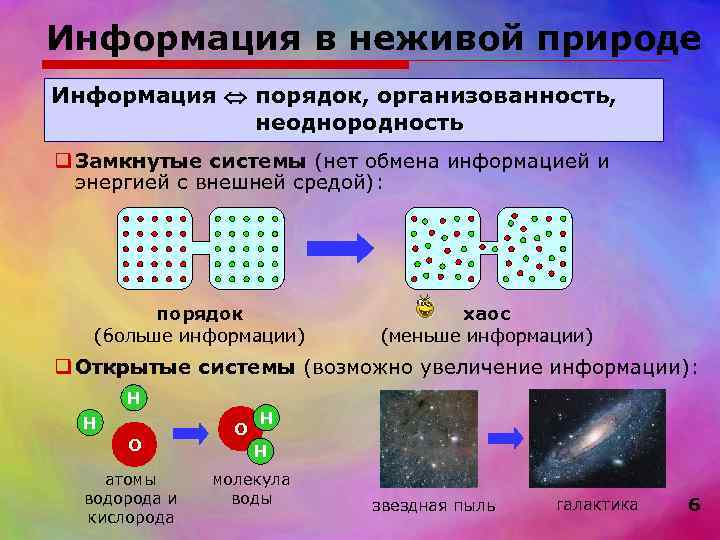 Информация в неживой природе Информация  порядок, организованность,    неоднородность q Замкнутые