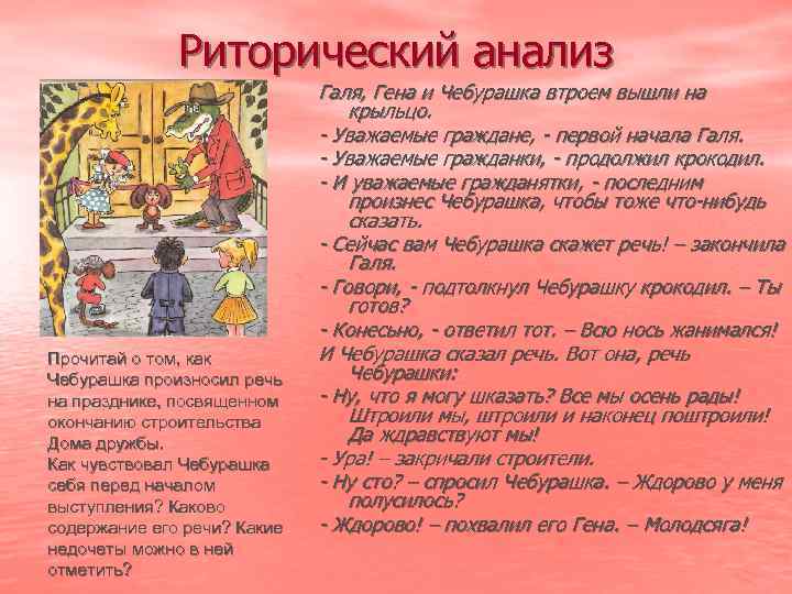 Риторический анализ Прочитай о том, как Чебурашка произносил речь на празднике, посвященном окончанию строительства