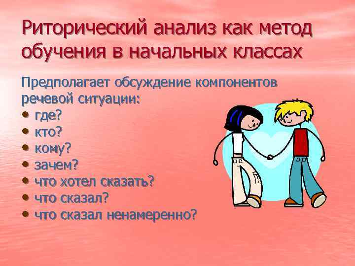Риторический анализ как метод обучения в начальных классах Предполагает обсуждение компонентов речевой ситуации: •