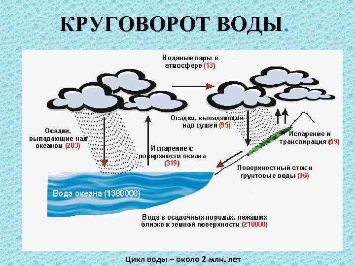 КРУГОВОРОТ ВОДЫ.   Цикл воды – около 2 млн. лет 